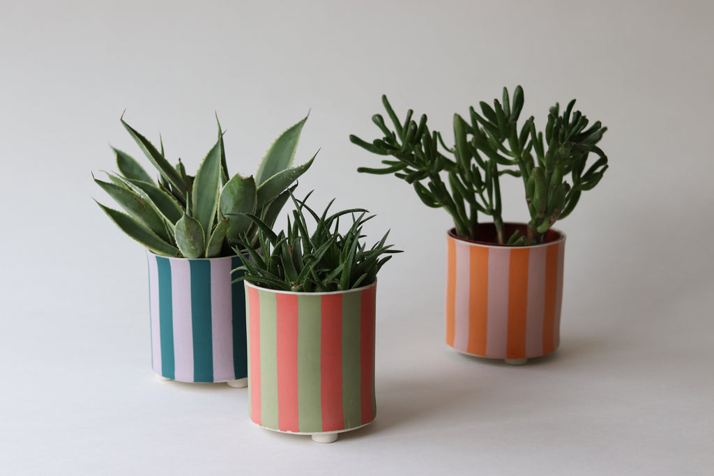 Striped Footed Planter - Coral and Dune