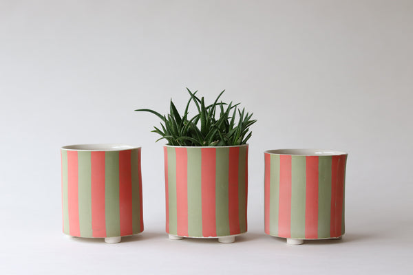 Striped Footed Planter - Coral and Dune - SALE