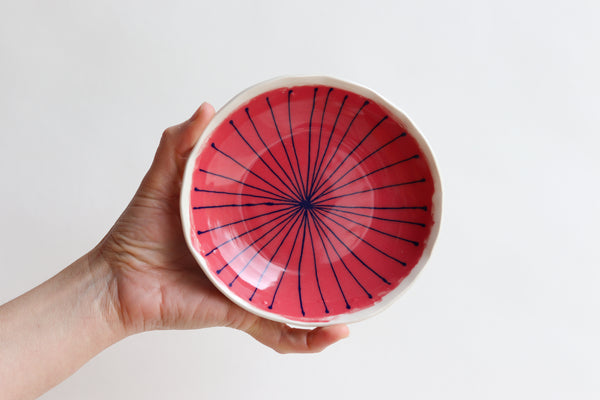 Newsprint Transfer Burst Bowl  - Dark Coral and Cobalt