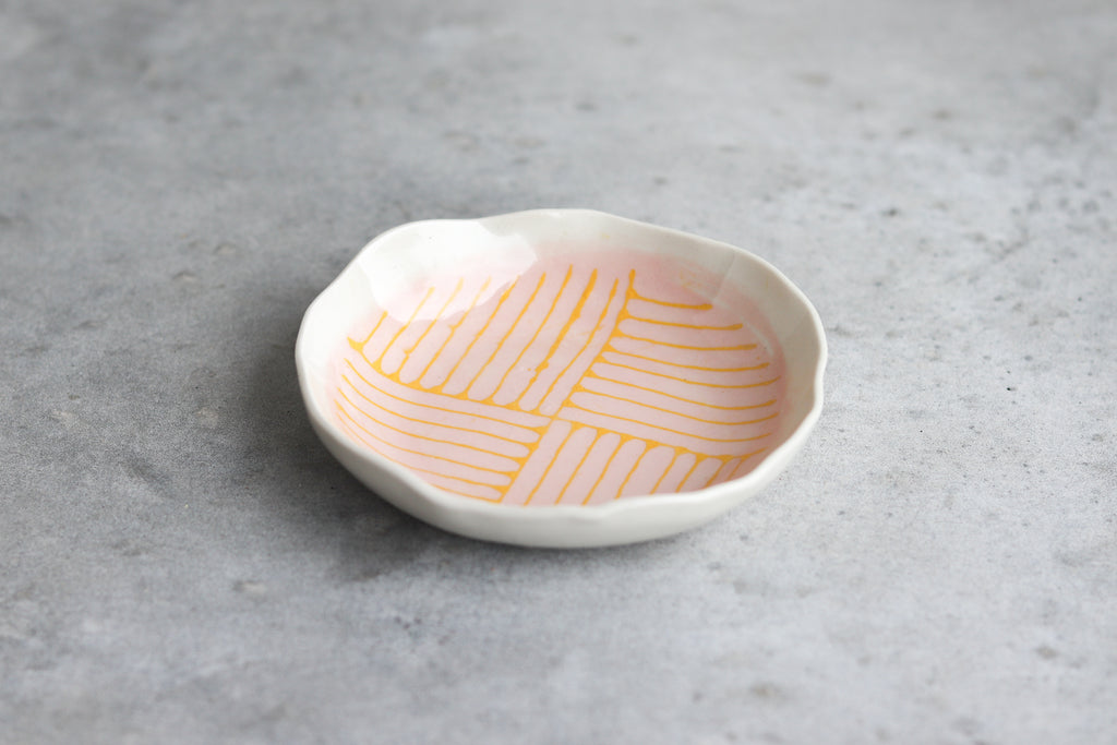 Newsprint Transfer Dish  - Coral and Yellow